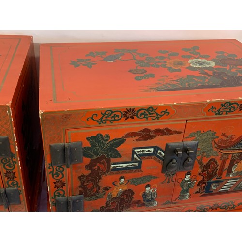 28 - Pair Of Chinoiserie Chinese Painted Cabinets On Stands. 51 x 31 x 46 cms (2)