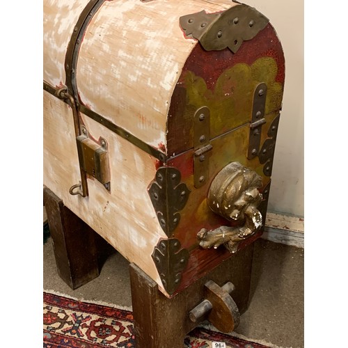 34 - Medieval Style Wood Chest On Stand With Brass Decoration With A Lid That Lifts Up Paint Part Strippe... 