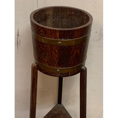 38 - Antique Oak And Copper Banded Planter. 91 cms High