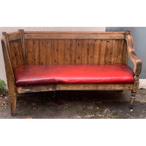 62 - Vintage Pub Bench With Leather Seat, 174 x 61.5 x 99 cms