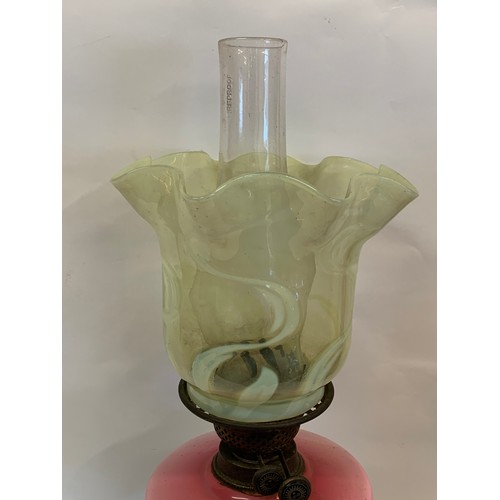 272 - Victorian Oil Lamp In Original Condition With Vaseline Glass Shade. 56 cms High