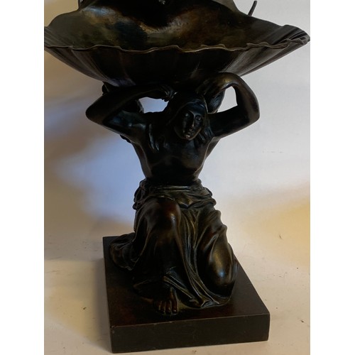 220 - Bronze Figure Of A kneeling Woman Holding A Shell Above With A Cherub Onlooking. 23 x 22 x 28 cms