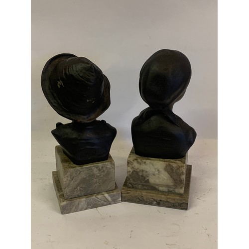 284 - Pair Of Bronze Marble Mounted Figures Signed De Martino To Reverse. 23 cms High