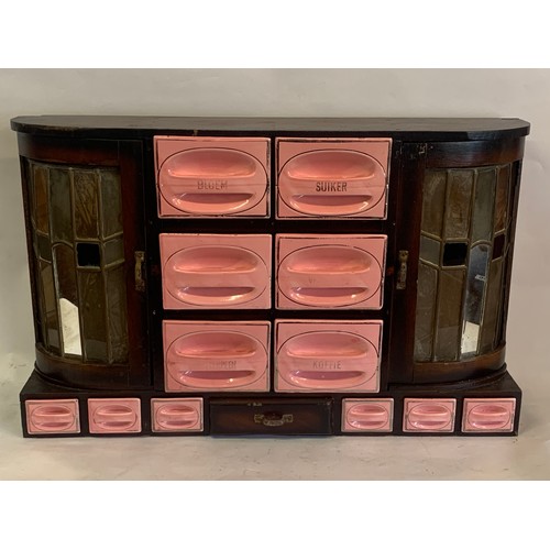 302 - Antique Dutch Spice / Koffe Rack With Glazed Doors A long With Ceramic Drawers. 77 x 16 x 48 cms