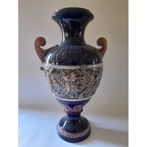 150 - Impressive decorative ceramic vase. repair to handle. 60cm high