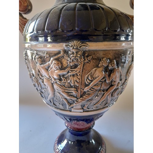 150 - Impressive decorative ceramic vase. repair to handle. 60cm high