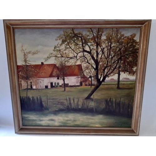 185 - oil on canvas of a farmstead signed lower right, 67cm x 77cm