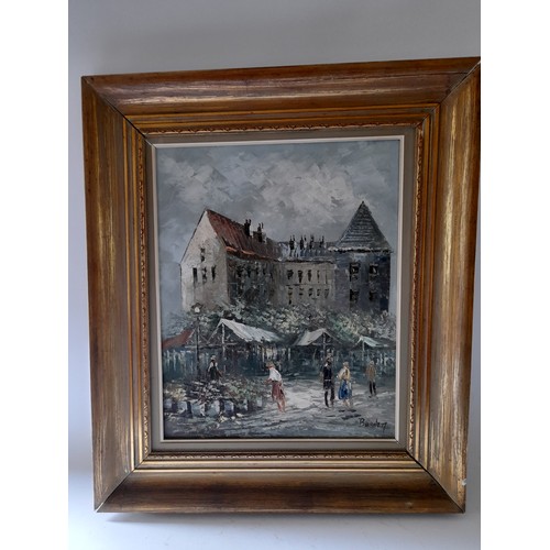 186 - Framed oil on canvas of a a market scene below a castle 70cm x60cm