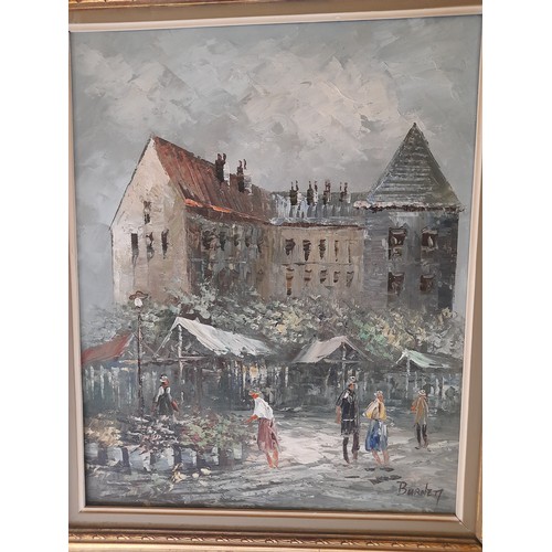 186 - Framed oil on canvas of a a market scene below a castle 70cm x60cm