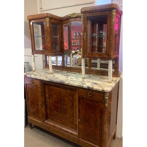 71 - French Art Deco Style Walnut Veneer Sideboard Server / Mirror Back Buffet With Marble Supports And G... 