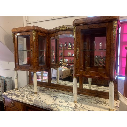 71 - French Art Deco Style Walnut Veneer Sideboard Server / Mirror Back Buffet With Marble Supports And G... 