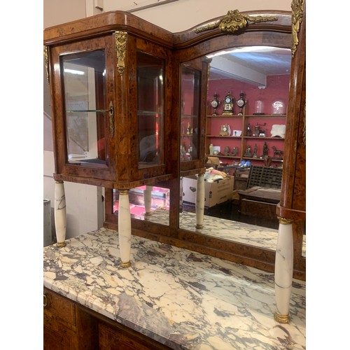 71 - French Art Deco Style Walnut Veneer Sideboard Server / Mirror Back Buffet With Marble Supports And G... 