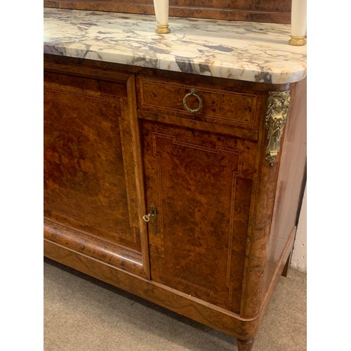 71 - French Art Deco Style Walnut Veneer Sideboard Server / Mirror Back Buffet With Marble Supports And G... 