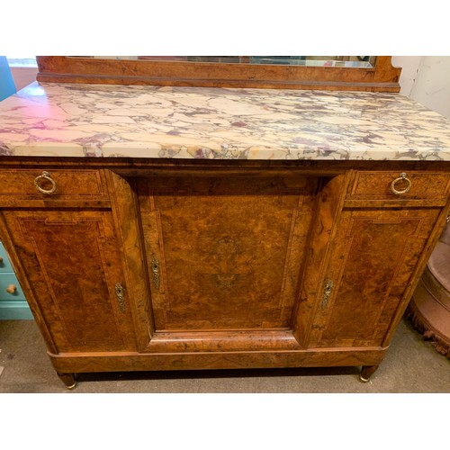 74 - Art Deco Style Walnut Veneer Marble Sideboard With Removable Mirror 134 x 59 x 170 cms