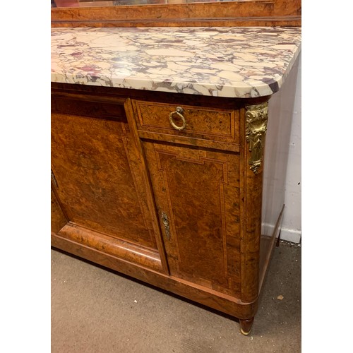 74 - Art Deco Style Walnut Veneer Marble Sideboard With Removable Mirror 134 x 59 x 170 cms