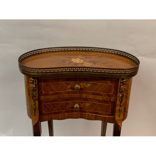 76 - Kidney Shaped Louis XV Style Side Table With Drawers And Inlay. 46 x 26 x 67 cms