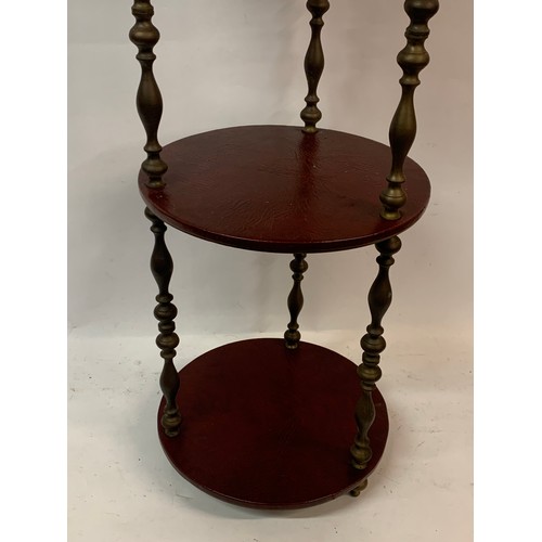 78 - Vintage European Three Tier Stand Of Brass And Leather Clad Construction. 30 x 77 cms