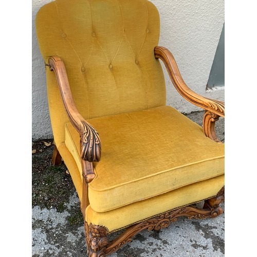 84 - French Mustard Yellow Elbow Chair With Carved Decoration.