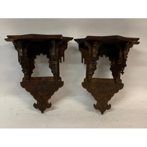 342 - Pair Of Antique Carved Wood Wall Shelves With Hindi Script .  30 x 18 x 35 cms (2)