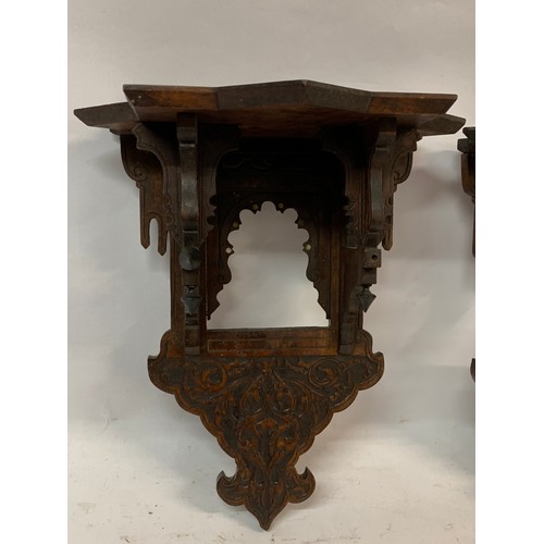 342 - Pair Of Antique Carved Wood Wall Shelves With Hindi Script .  30 x 18 x 35 cms (2)