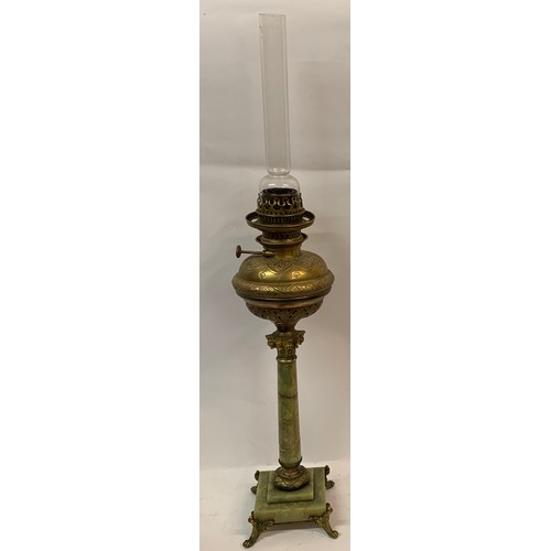 343 - Vintage Oil Burning Lamp With Onyx Base Along With Gilt Decorative Feet. 85 cms High