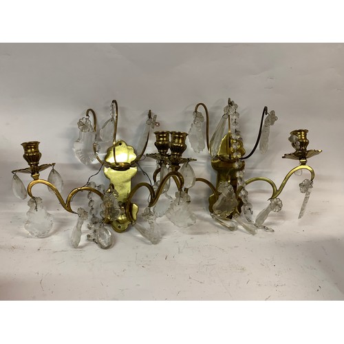 344 - Pair Of European Brass And Glass Droplet Wall Sconces. (2)25 x 30 cms