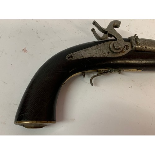 401 - Antique Double Barrel Double Percussion Pistol. 34 cms