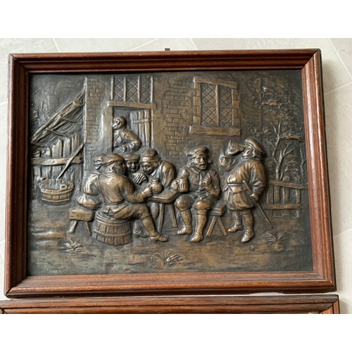 127 - Set Of 3 Antique Vintage Bronze Relief Metal Plaques Framed And Depicting Medieval Northern European... 