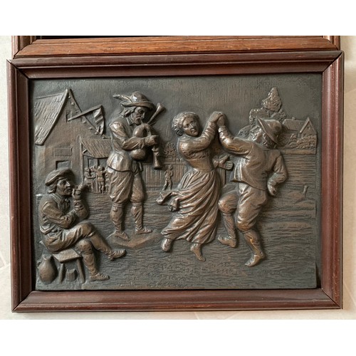 128 - Similar To Previous Lot 
Set Of 2 Antique Vintage Bronze Relief Metal Plaques Framed And Depicting M... 