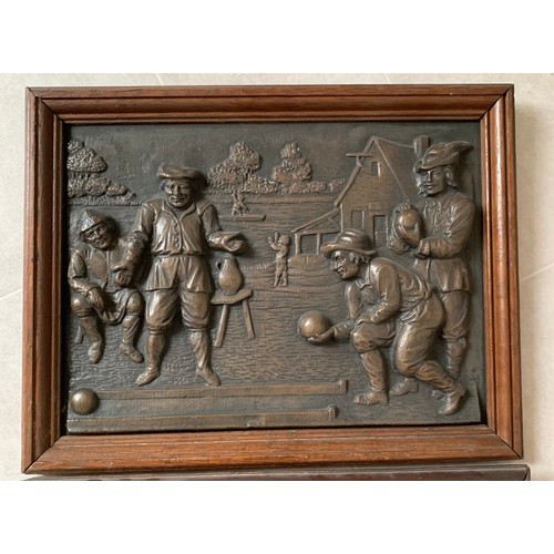 128 - Similar To Previous Lot 
Set Of 2 Antique Vintage Bronze Relief Metal Plaques Framed And Depicting M... 