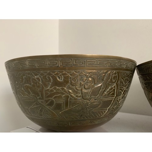 112 - Pair Of Large Oriental Vintage Bronze Charger Or Singing Bowls With Engraved Designs
25 cms diameter... 