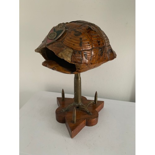 142 - Unusual Trench Art Lamp Having A Triangular Wooden Base And A Tortoiseshell Shade With Military Badg... 