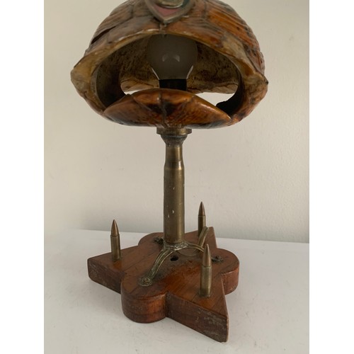 142 - Unusual Trench Art Lamp Having A Triangular Wooden Base And A Tortoiseshell Shade With Military Badg... 