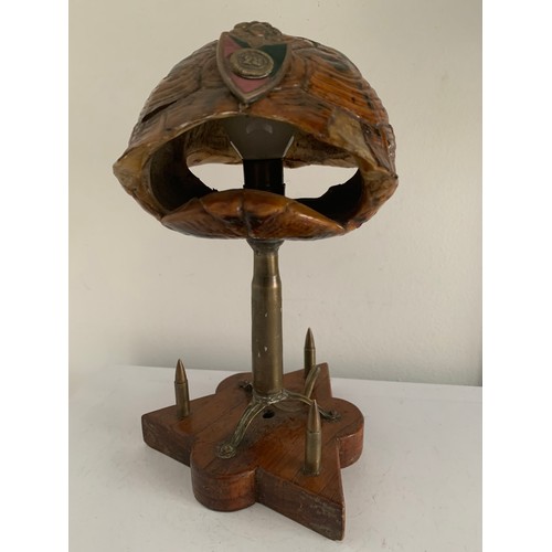 142 - Unusual Trench Art Lamp Having A Triangular Wooden Base And A Tortoiseshell Shade With Military Badg... 