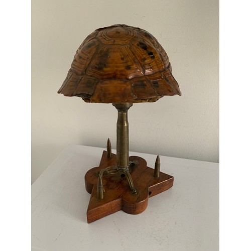 142 - Unusual Trench Art Lamp Having A Triangular Wooden Base And A Tortoiseshell Shade With Military Badg... 