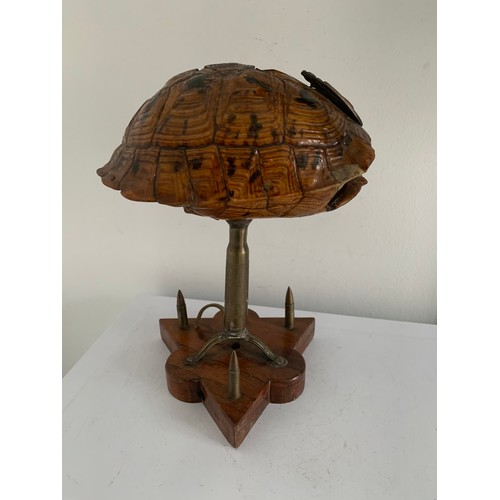 142 - Unusual Trench Art Lamp Having A Triangular Wooden Base And A Tortoiseshell Shade With Military Badg... 