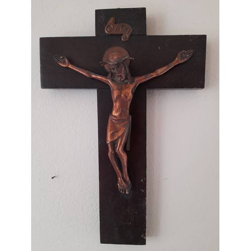 195 - Corpus, coppered Christ wearing crown of thorns on wooden cross  38cm x 26cm