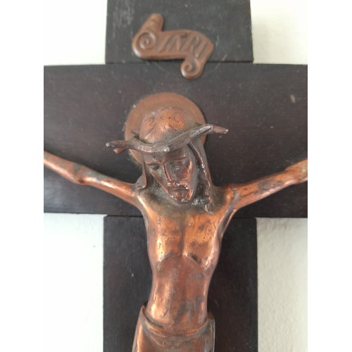 195 - Corpus, coppered Christ wearing crown of thorns on wooden cross  38cm x 26cm