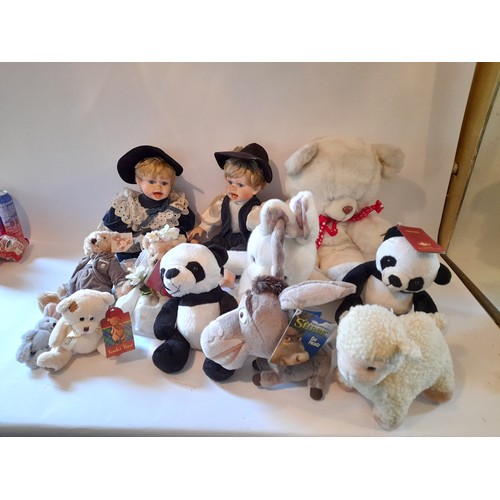 251 - Large number of soft toys some retaining original card labels and 2 x vintage ceramic collectors dol... 