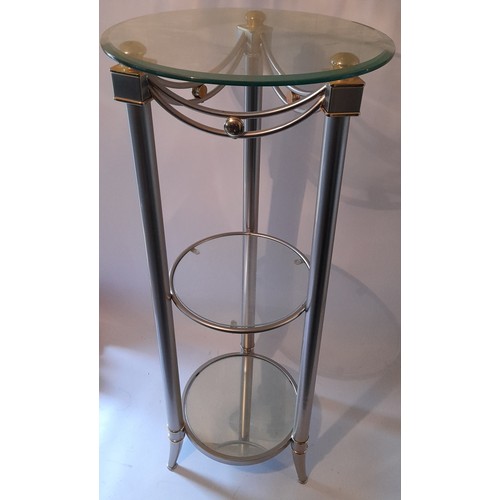 252 - Metal and Glass 3 level side display table with mirror bottom shelf. 99cm high x 40cm wide