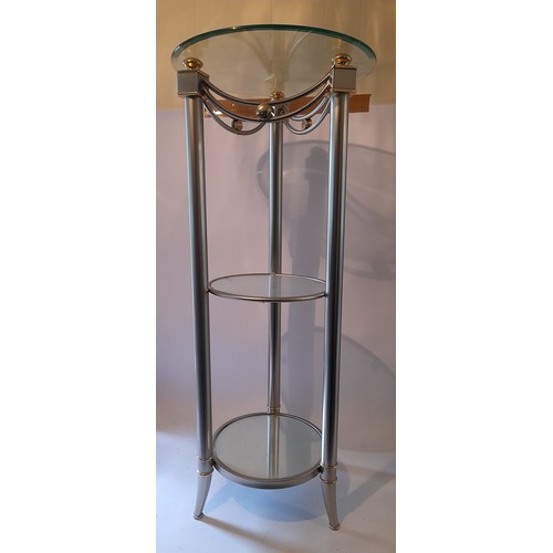 252 - Metal and Glass 3 level side display table with mirror bottom shelf. 99cm high x 40cm wide