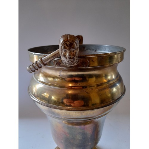 257 - Large brass plated urn with folding handle, marked to base. 40cm high x 22cm