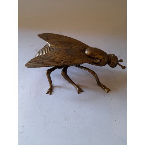 264 - Vintage Brass ash tray in the form of a fly with wings forming the lid 19cm long