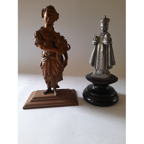 275 - 2 x spelter figures on plinths. 1 x coppered 27cm high