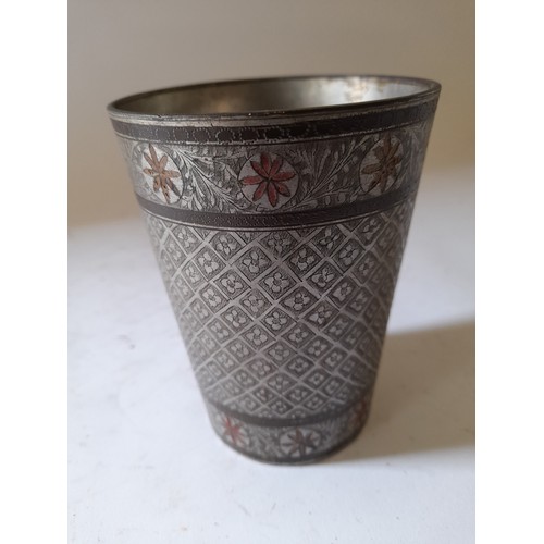 278 - Vintage Indian Lassi cup tin lined with decorative engrving to the outside 12cm high