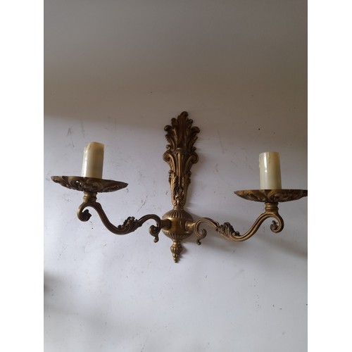 280 - Pair of 2 branch brass wall lights, 27cm high x 34cm wide.  need rewiring