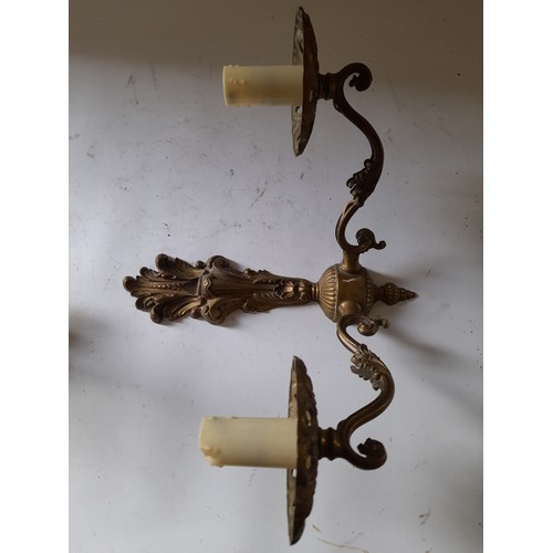 280 - Pair of 2 branch brass wall lights, 27cm high x 34cm wide.  need rewiring