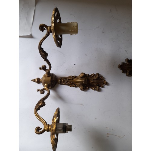 280 - Pair of 2 branch brass wall lights, 27cm high x 34cm wide.  need rewiring