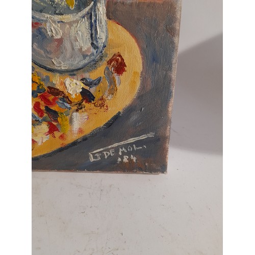 530 - Vintage oil on canvas of brush holder in form of a mans head with brushes in situ. unframed Signed B... 