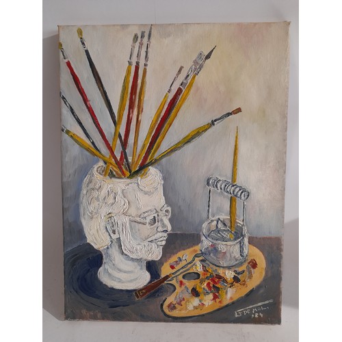 530 - Vintage oil on canvas of brush holder in form of a mans head with brushes in situ. unframed Signed B... 